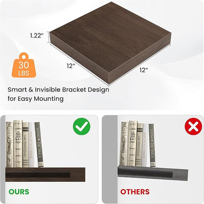 Square Floating Shelves for Wall, 12" W x 12" D x 1.2" H, Small Wooden Wall Mounted Display Shelves with Invisible Brackets for Living Room, Bedroom, Bathroom, Kitchen Decor, Set of 3, Walnut