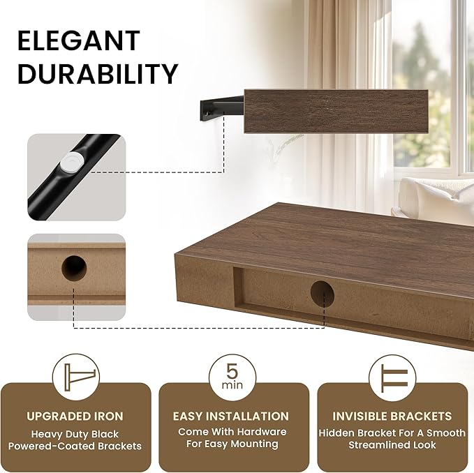 Square Floating Shelves for Wall, 10" W x 10" D x 1.2" H, Small Wooden Wall Mounted Display Shelves with Invisible Brackets for Living Room, Bedroom, Bathroom, Kitchen Decor, Set of 4, Walnut