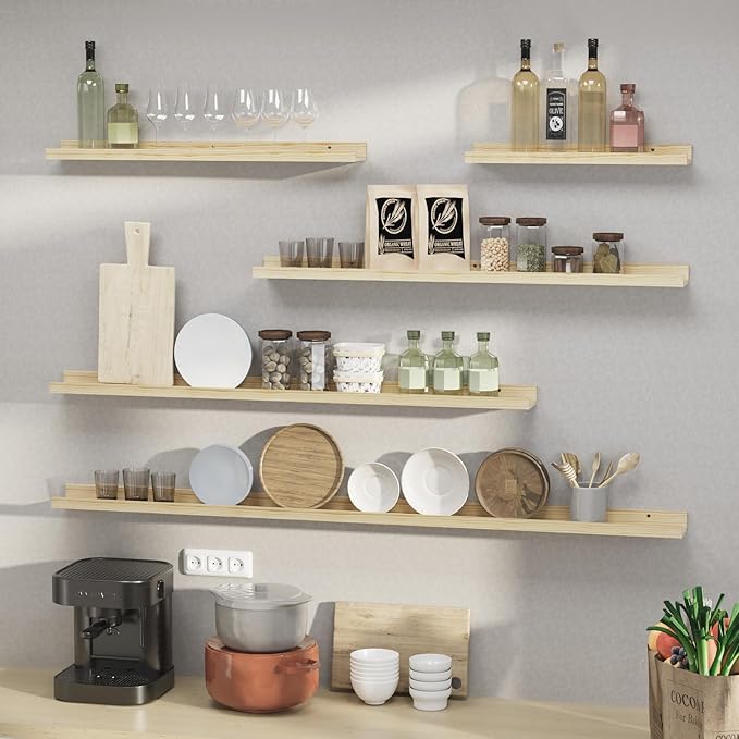 SAUMONIERES Picture Ledge Shelf Floating Book Shelves Set of 2 Wall Mounted Solid Wood for Bedroom Bathroom Living Room Kitchen, 48 Inch Natural