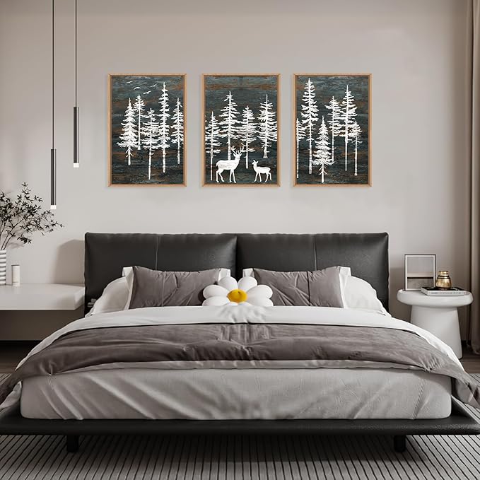 Celestdeco Modern White Forest Framed Canvas Wall Art Set, Minimalist Woodland Art Painting, Retro Tree Landscape Wall Decor, Wildland Deer Artwork for Living Room, Dining Room, Office - 24"x36"x3