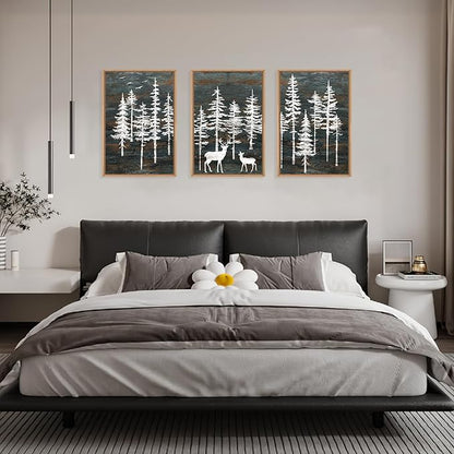 Celestdeco Modern White Forest Framed Canvas Wall Art Set, Minimalist Woodland Art Painting, Retro Tree Landscape Wall Decor, Wildland Deer Artwork for Living Room, Dining Room, Office - 24"x36"x3
