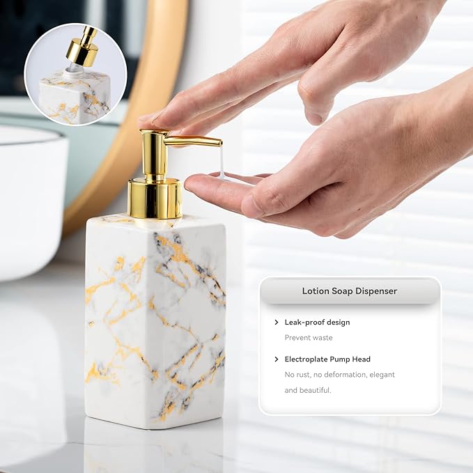 4 Piece Bathroom Accessories Set - White Bathroom Accessory Sets Includes Lotion Dispenser, Toothbrush Holder Tumbler, and Soap Dish - Glossy Finish (Marble, White)