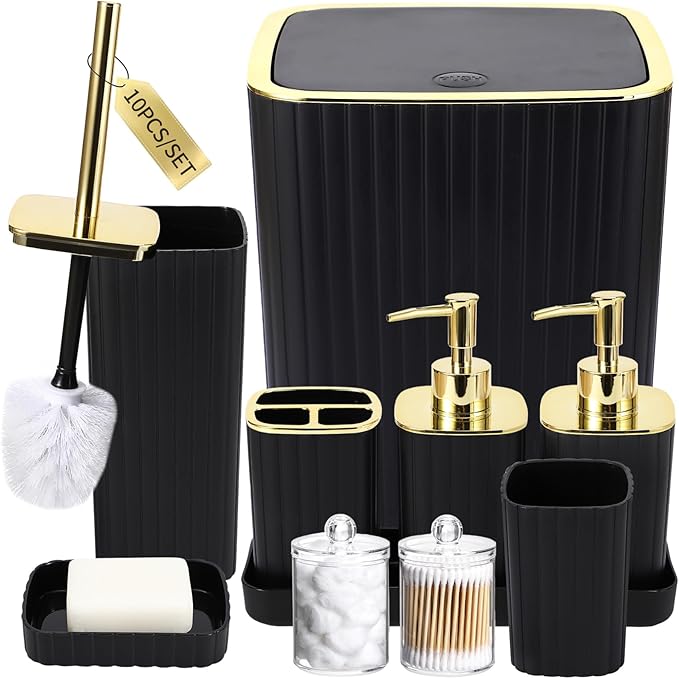 Bathroom Accessories Set - Gorgeous Bathroom Set, 10PC Bathroom Accessory Set, Toilet Brush, Trash Can, Qtip Holder Dispenser & Soap Dispenser