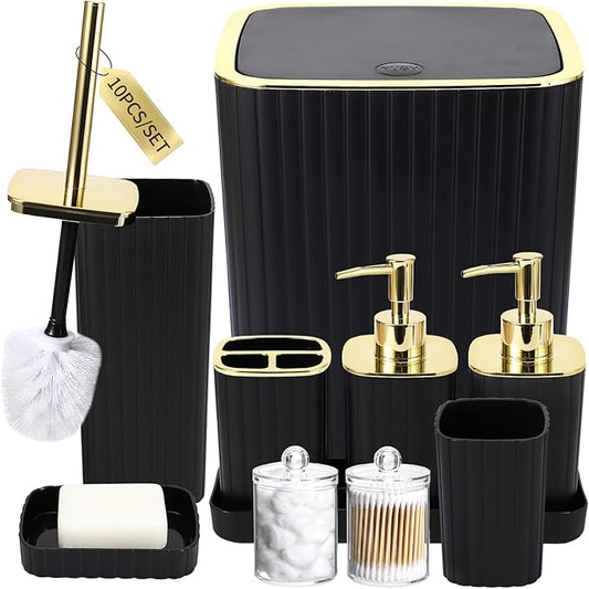 Bathroom Accessories Set - Gorgeous Bathroom Set, 10PC Bathroom Accessory Set, Toilet Brush, Trash Can, Qtip Holder Dispenser & Soap Dispenser