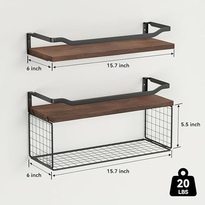 WOPITUES Floating Shelves with Wire Storage Basket, Bathroom Shelves Over Toilet with Protective Metal Guardrail, Wood Wall Shelves for Bathroom, Bedroom, Living Room, Toilet Paper- Dark Brown
