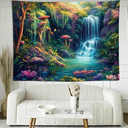 keowhsf Forest Waterfall Tapestry with Mushrooms and Flowers – Colorful Floral Plants Natural Landscape Wall Art, Fantasy Aesthetic Wall Hanging for Bedroom Decor