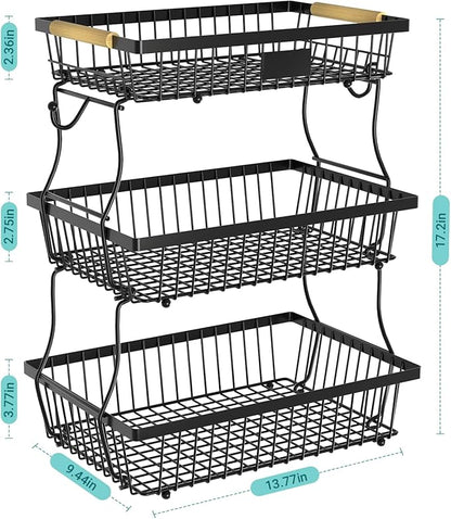 3 Tier Fruit Basket for Kitchen Counter with 2 Banana Hangers, Countertop Metal Fruit Bowl with Wooden Handle, Large Storage Stand for Vegetables, Snacks, Breads, Produce Storage – Black