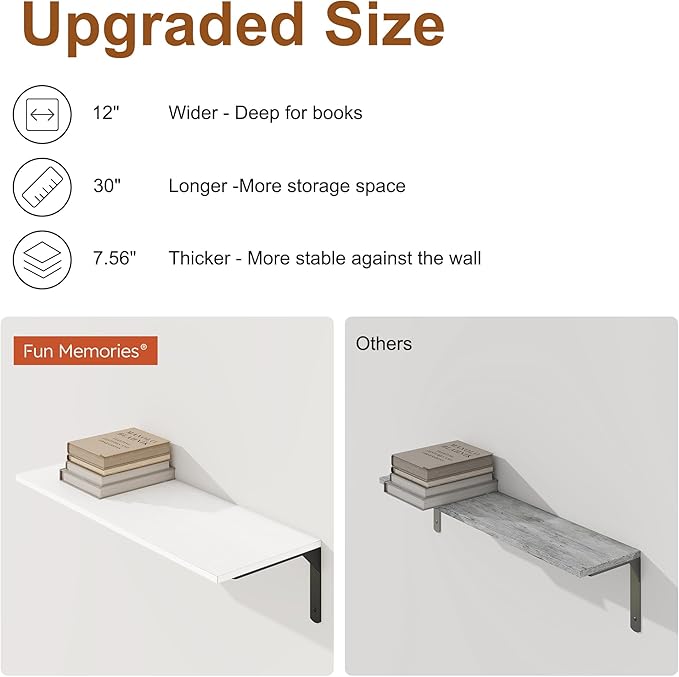 30" W x 12" D White Floating Shelves for Wall, Deep Wall Shelves with Visible Bracket for Books, Plant, Large Deep Bathroom Shelf for Storage & Display, Set of 2