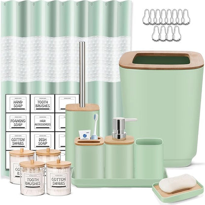Bathroom Accessories Set,Green Bathroom Set,24 Pieces Bathroom Accessory Set with Shower Curtain,Trash Can for Bathroom Accessories Décor and Home Gifts