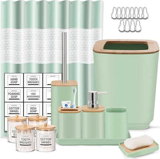 Bathroom Accessories Set,Green Bathroom Set,24 Pieces Bathroom Accessory Set with Shower Curtain,Trash Can for Bathroom Accessories Décor and Home Gifts