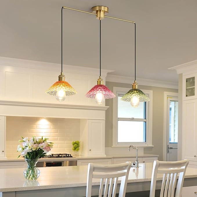 3-Light Pendant Lights Kitchen Island, Ceiling Hanging Lighting Fixtures, Colorful Vintage Glass Shade Pendants, Modern Gold Dining Room Chandeliers Height Adjustable for Farmhouse Living Room