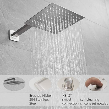 Shower Faucet Set Brushed Nickel, Single Function Shower Trim Kit with Rough-in Valve, Square Rain Shower Head System Included Extra Long Shower Arm for Bathroom