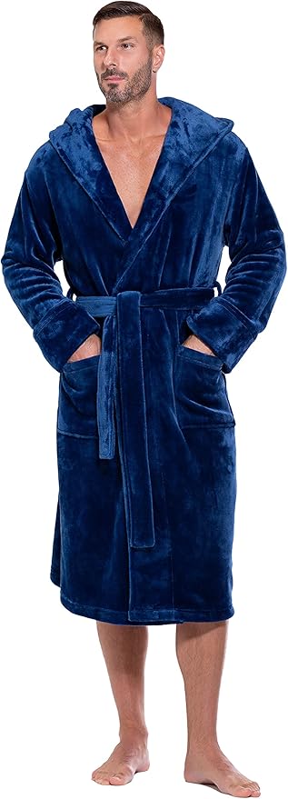 Turquaz Plush Robes For Men, Soft Fuzzy Hooded Mens Bathrobes, Long Comfy Robe For Men