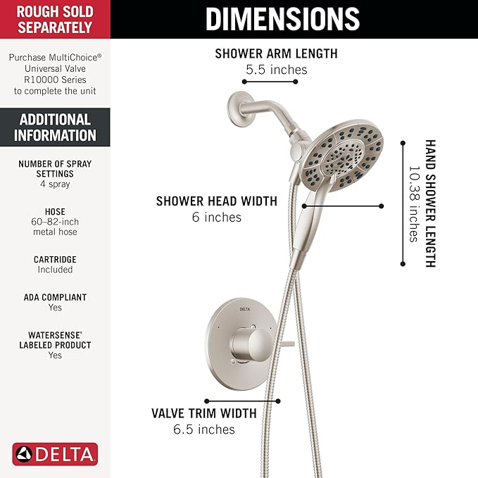 Delta Faucet Albion 14 Series Single-Handle Shower Faucet, Brushed Nickel Shower Trim Kit with In2ition 2-in-1 Dual Hand Held Shower Head, Spotshield Brushed Nickel T142855-SP-I (Valve Not Included)