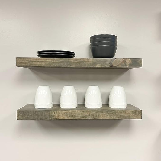 URBANDI, Rustic Floating Shelves, Set of 2, Hidden Bracket, Solid Wood, Heavy Duty, Wall Mounted Shelves, (Grey, 36Wx6D)