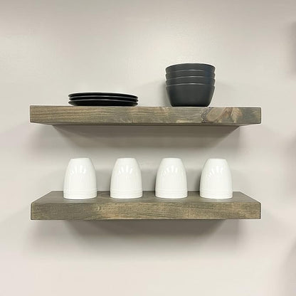PJ DECOR URBANDI, Rustic Floating Shelves, Set of 2, Hidden Bracket, Solid Wood, Heavy Duty, Wall Mounted Shelves, (Grey, 24Wx6D)