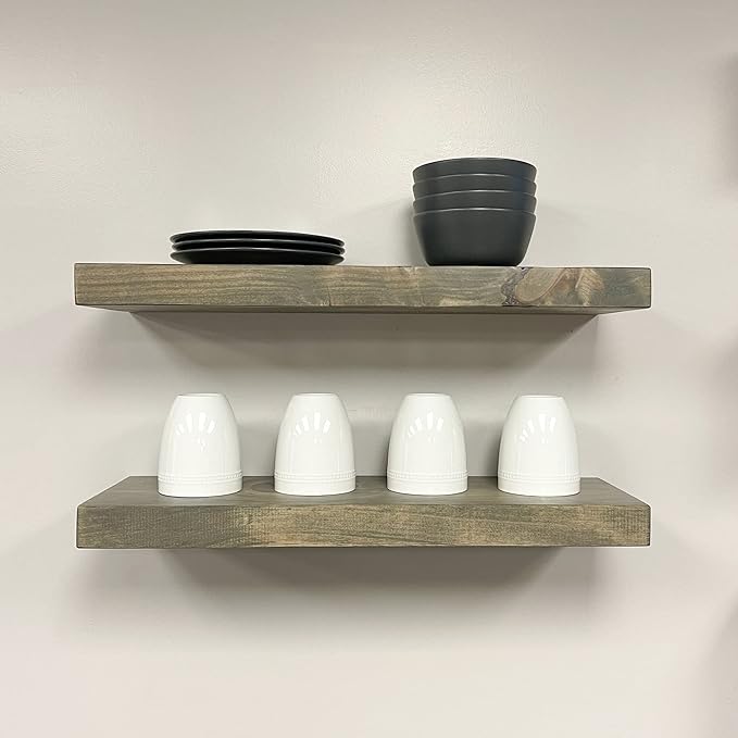 URBANDI, Rustic Floating Shelves, Set of 2, Hidden Bracket, Solid Wood, Heavy Duty, Wall Mounted Shelves, (Grey, 36Wx12D)