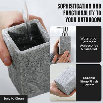 Bathroom Accessories Set - Soap Dispenser, Toothbrush Holder, Soap Dish, Toilet Brush & Toilet Brush Holder - Grey Stone Bathroom Accessories Set - Modern Bathroom Organizer Set (Silver)