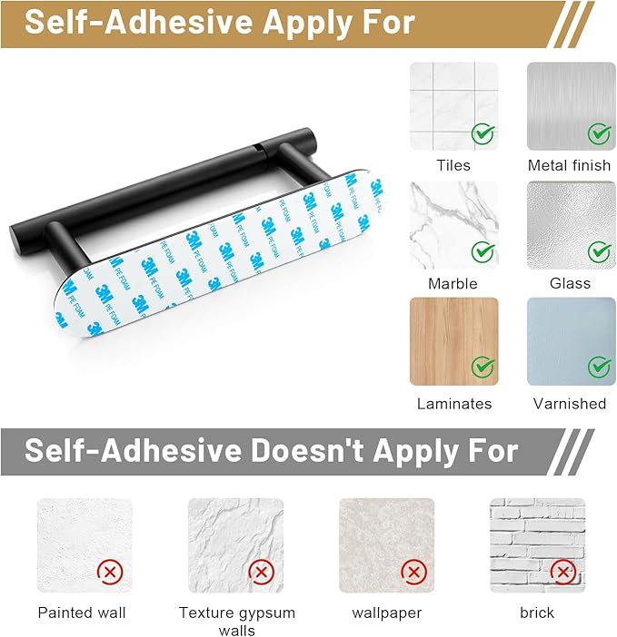 Self Adhesive Matte Black Toilet Paper Holder, SUS304 Stainless Steel Toilet Roll Holder, Double Base Paper Towel Holder Wall Mount No Drilling for Bathroom, Kitchen, Washroom