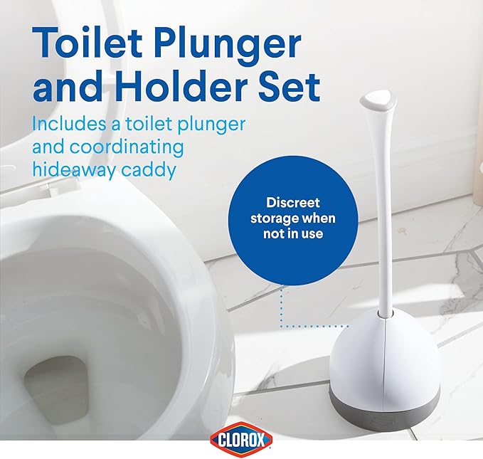 Clorox Toilet Plunger with Hideaway Holder Caddy Heavy-Duty Compact Design with Non-Skid Rubber Base for Bathroom Convenient Storage Toilet Unclogger, 6.5x19.5-Inch, White