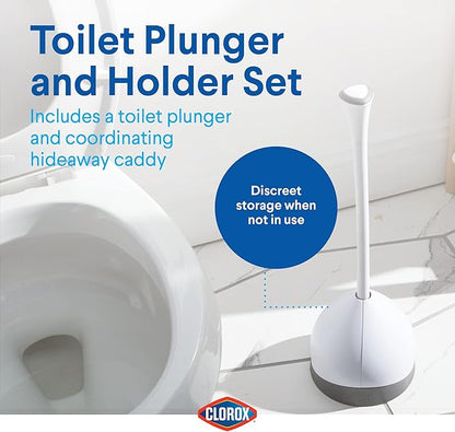 Clorox Toilet Plunger with Hideaway Holder Caddy Heavy-Duty Compact Design with Non-Skid Rubber Base for Bathroom Convenient Storage Toilet Unclogger, 6.5x19.5-Inch, White