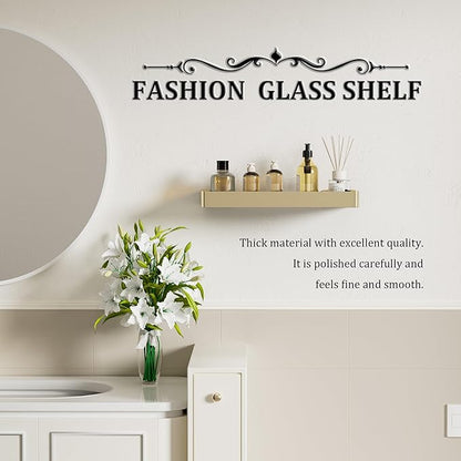 Alise Glass Bathroom Shelf,Gold 11.8 Inch Rectangular Floating Shelves for Bathroom, Showers, Vanities, Kitchens,SUS304 Stainless Steel Glass Shelf for Toilet Room Decoration