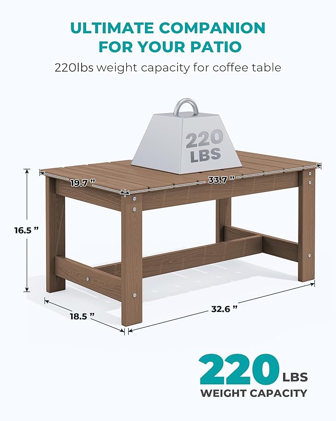 SERWALL Patio Coffee Table, HDPE Rectangle Outdoor Coffee Table, Brown