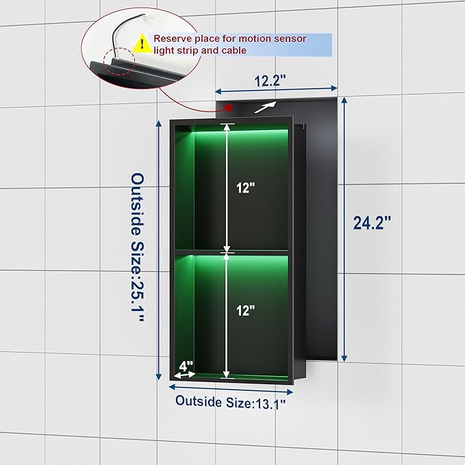 Stainless Steel Shower Niche 12" X 24", No Tile Needed Wall Niche with RGB Led Light, Recessed Shower Shelf for Bathroom Storage Over Mount Installation, Matte Black