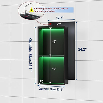 Stainless Steel Shower Niche 12" X 24", No Tile Needed Wall Niche with RGB Led Light, Recessed Shower Shelf for Bathroom Storage Over Mount Installation, Matte Black