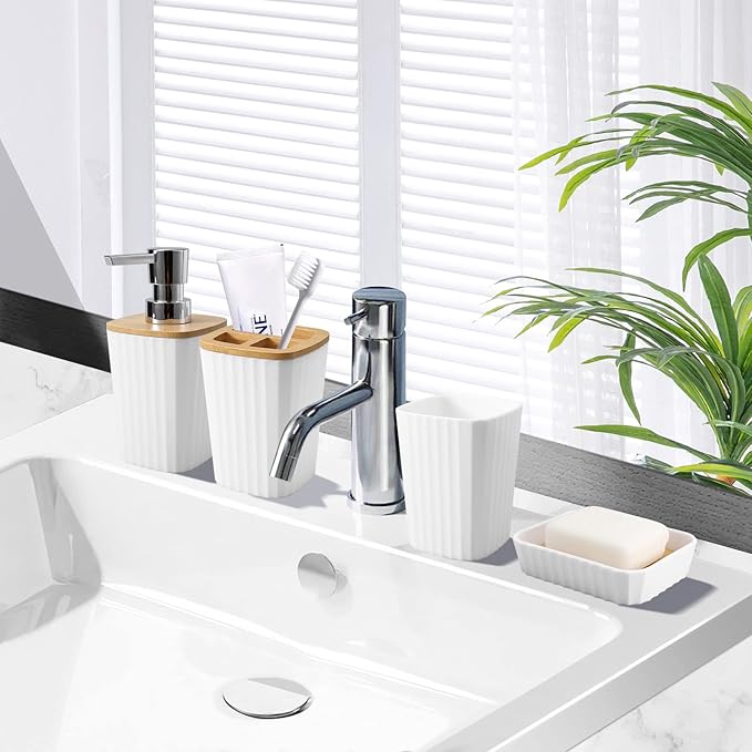 Bathroom Accessory Set, 9-Piece White Bathroom Set with Trash Can, Tray, Soap Dispenser, Toothbrush Holder, Toothbrush Cup, Soap Dish, Toilet Brush and Q-tip Holders for Bathroom/Housewarming