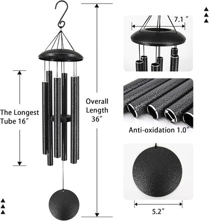 Sympathy Memorial Wind Chimes, 36' with 6 Metal Tubes, Outdoor Deep Tone for Garden, Christmas Hanging Decor - Black Grey