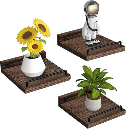 Small Floating Shelf, 6X6 Inches Farmhouse Wall Shelves for Living Room, Bedroom, Picture Frames, Plants, Kitchen, Set of 3 (Brown)