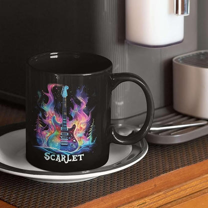 Personalized Electric Guitar Mug 11oz 15oz, Custom Choose Name Coffee Cup, Customized Rock Music Themed Black Mug, Gift For Musicians, Electric Guitar Ceramic Cup With Cosmic Design