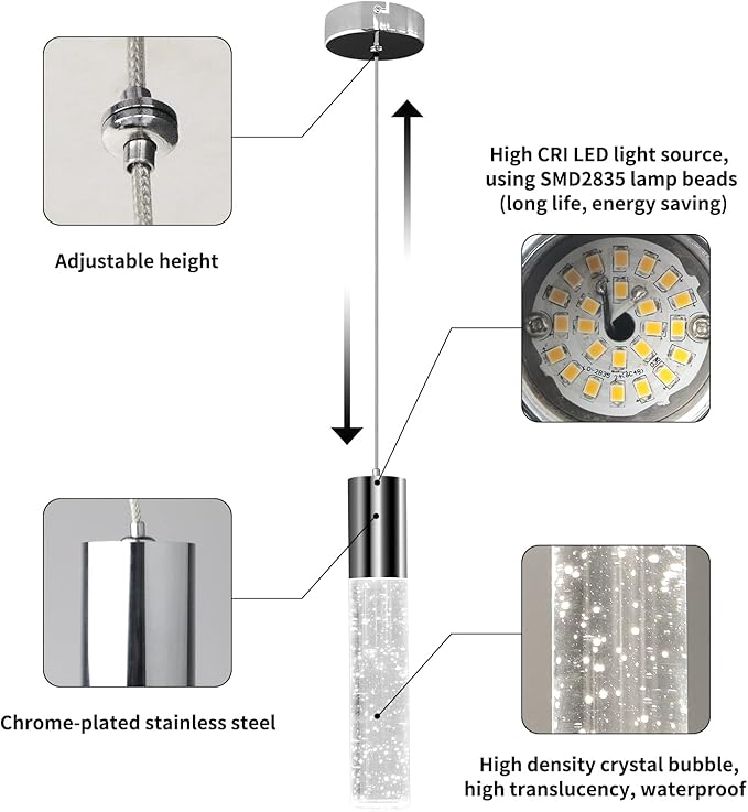 OKELI Pendant Lights Kitchen Island 1 Pack, 6000K Modern LED Bubble Crysta Pendant Light, Chrome Mini Single Island Lights Hanging Lighting for Dining Room, 6W, ETL