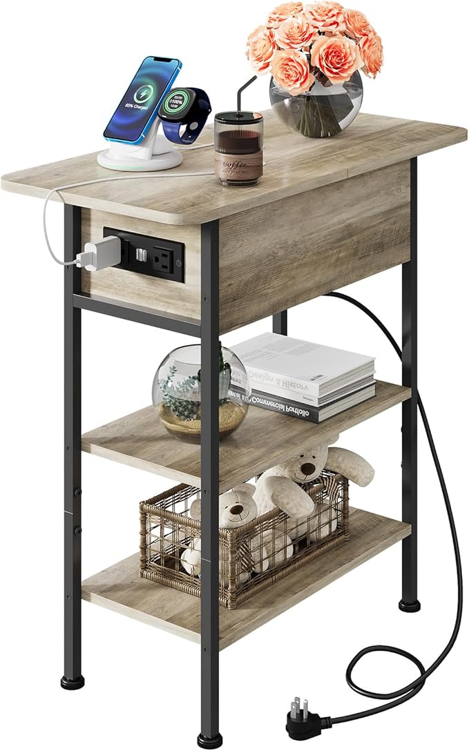 WLIVE End Table with Charging Station, Flip Top Side Table with Storage Shelf, Sofa Couch Table with USB Ports and Outlets, Narrow Bedside Table for Living Room, Bedroom Nightstand, Greige