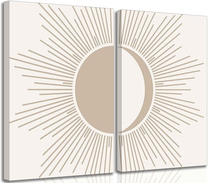 2Pcs Minimalism Boho Canvas Wall art Mid Century Modern Beige and White Sun and Moon Geometric Abstract Painting Pictures Wall Decor Posters Print Artwork for Bedroom Living Room Decoration