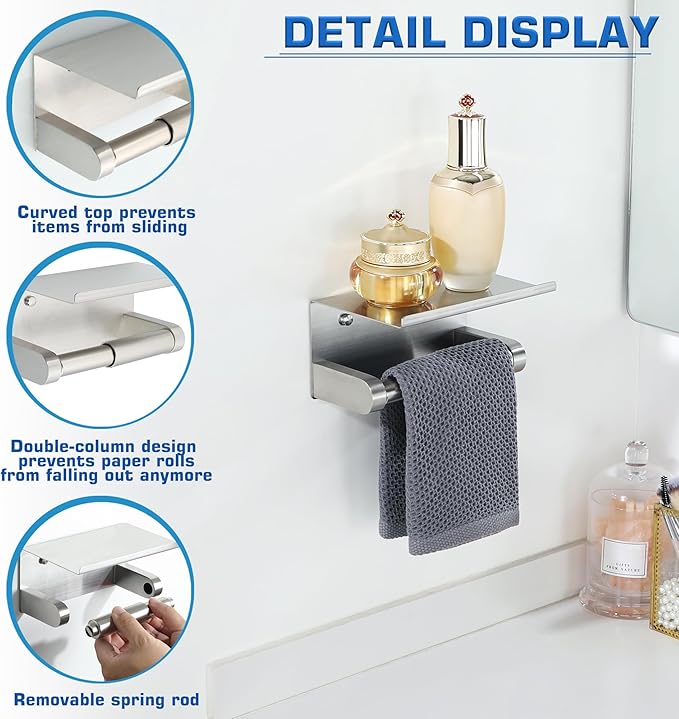 Alise Toilet Paper Holder,Double Post Paper Holder SUS304 Stainless Steel Toilet Paper Roll Holder with Shelf Spring Loaded Tissue Holder (Adhesive or Screw),Brushed Nickel