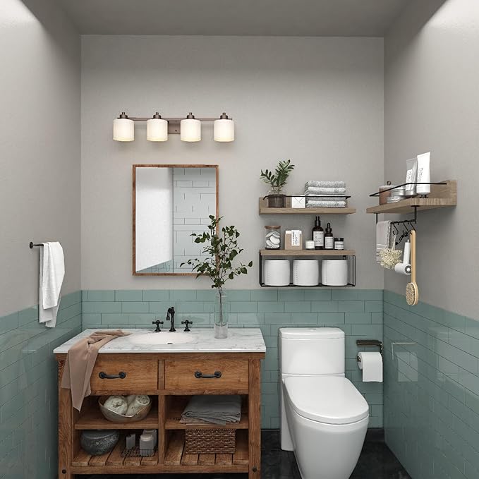 Bathroom Shelves Over Toilet for Wall, Floating Shelves with Storage Basket Paper Holer for Kitchen Living Room, Bedroom & Classroom, Set of 3 (Nature Wood)