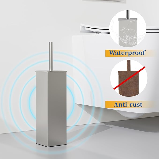 RUACQ Toilet Brush and Holder Set,Square Toilet Bowl Brush for Bathroom with 304 Stainless Steel Handle Toilet Cleaner Brush with Durable Scrubbing Bristles,Splash-Proof (Brushed Nickel)