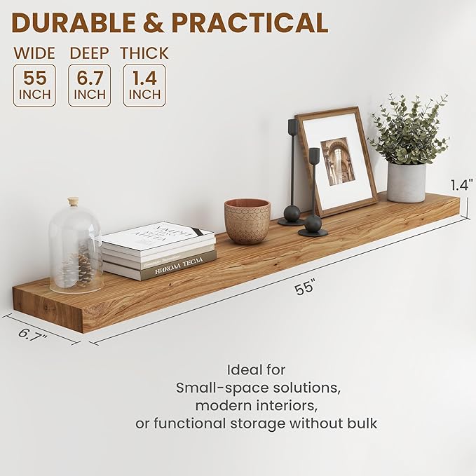 55" Floating Shelves for Wall, Rustic Elm Wood Floating Shelf for Home Decor, Wall-Mounted Display Shelves with Heavy-Duty Bracket, Long Floating Shelf for Bathroom, Kitchen, Natural Color