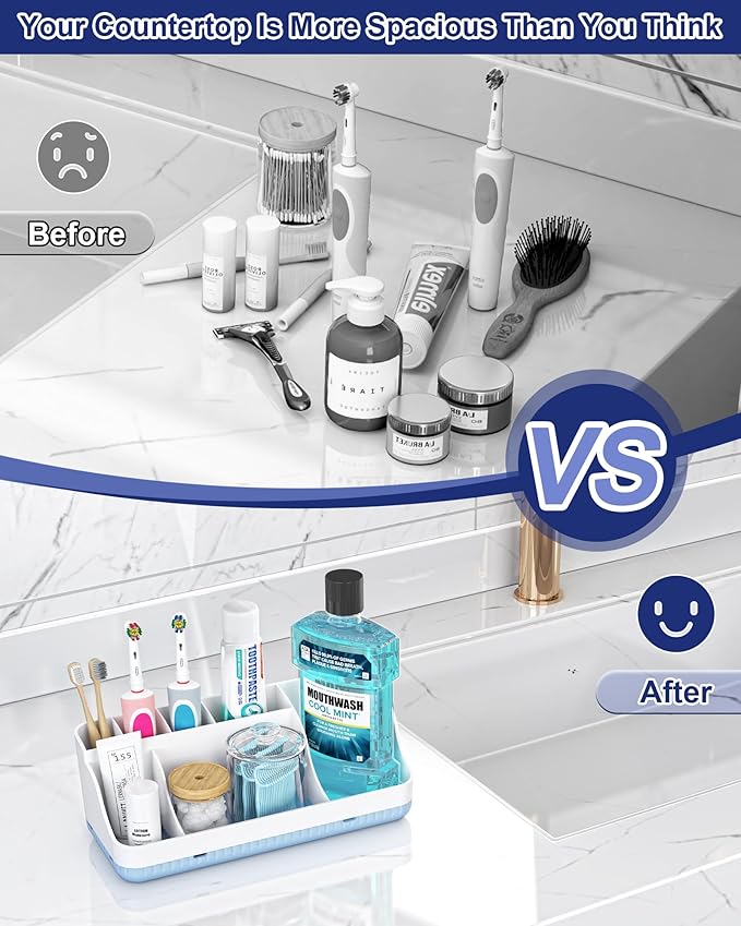 Bathroom Counter Organizer and Storage, 7 Slots Detachable Toothbrush Holders for Bathrooms, Anti-Slip Electric Toothbrush and Toothpaste Holder Countertop Vanity Organizer Accessories for Adults Kids