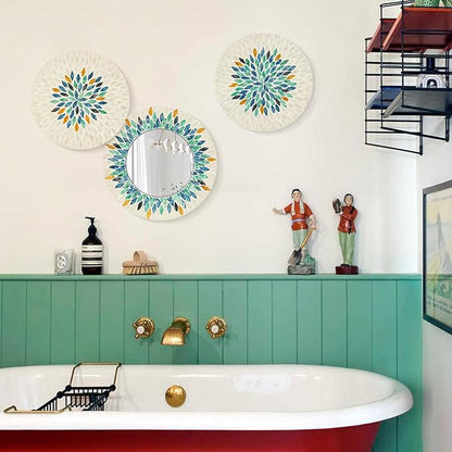 TEIPAI Jewel-Tone Mother of Pearl Mirror Wall Decor for Living Room, 3PCS Handmade Round Wall Art for Home Guest Room Decoration, Unique Mosaic Art Gift for Birthday Wedding Housewarming (Colored)