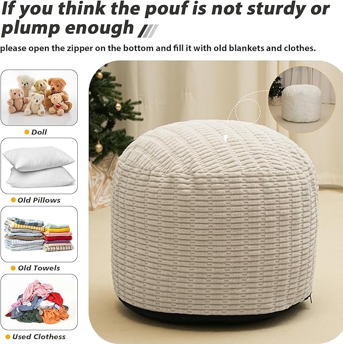 Round Stuffed Pouf Ottoman for Foot Rest, Storage Ottoman Pouf Foot Stool Cushion, Faux Fur Poufs with Foam Chunk Filling, 26 X 18 Inch Floor Chair for Living Room Bedroom Home Decor, Beige