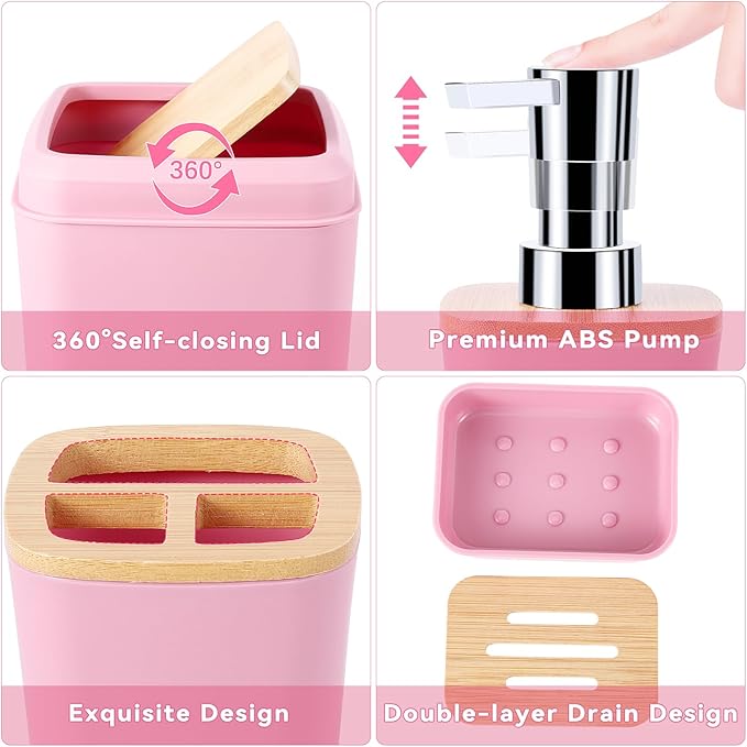 Bathroom Accessories Set, 9 Piece Pink Bathroom Decor Sets with Trash Can,Toothbrush Holder,Toothbrush Cup,Lotion Soap Dispenser,Vanity Tray,Soap Dish,Toilet Brush,Qtip Holder