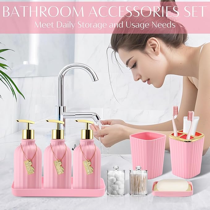17PCS Bathroom Accessory Set Pink Bathroom Set Bathroom Accessories,Toilet Brush, Trash Can, Qtip Holder Dispenser& 3PCS Soap Dispenser