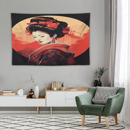 Japanese Woman Geisha Tapestry Asian Cherry Blossom Red Sun Traditional Kimono Folk Tapestries Home Decor for Living Room Bedroom Apartment Farmhouse Dorm 60"x40"