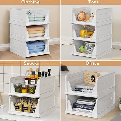 6 Pack Stackable Closet Storage Basket - Stackable Storage Bins, Multifunctional & Foldable Closet Organizer, Wardrobe Storage Space-Saving Clothes Storage Drawer Organizer, White