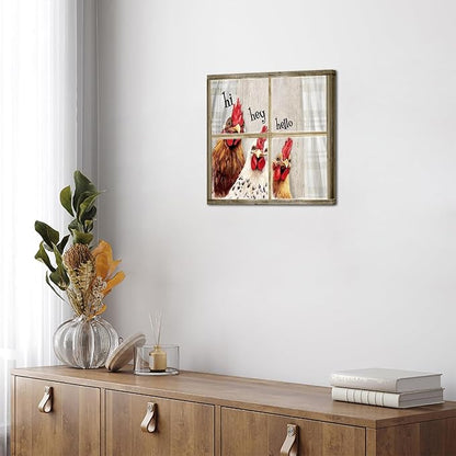 Visual Art Decor Funny Rooster Wall Art Chicken Picture Rustic Farmhouse Front Door Welcome Sign Framed 12x12 inch, Rustic Brown