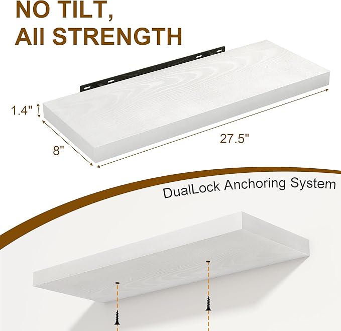 White Floating Shelves for Wall, 27.5 Inch Bathroom Shelves Set of 2, Rustic Wood Wall Shelf with Invisible Brackets for Books|Storage|Decor, 8 Inch Deep Floating Shelf for Bedroom|Kitchen