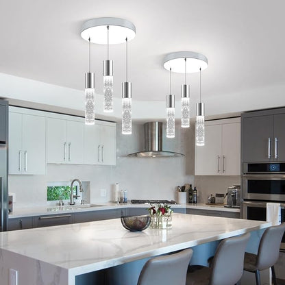 OKELI Dimmable LED 3-Light Pendant Light for Kitchen Island, 18W 1350LM Modern Bubble Crystal Island Light Fixture,6000K, Electro-Chrome, Easy Installation, Round